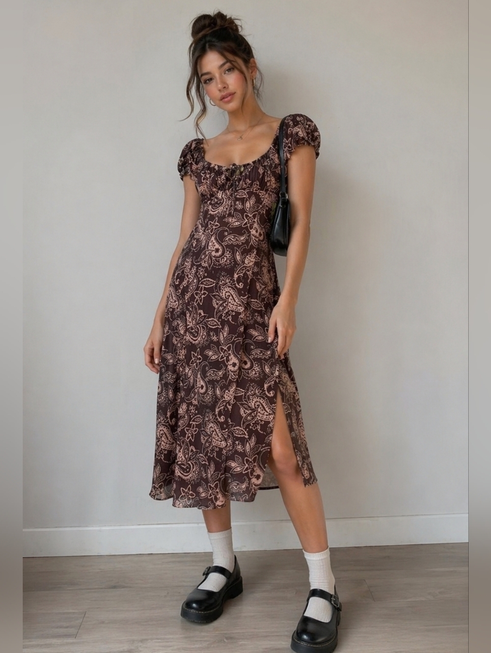 Pie In The Sky Brown Paisley Babydoll Midi Dress Cottagecore Boho Y2K Style Sz S